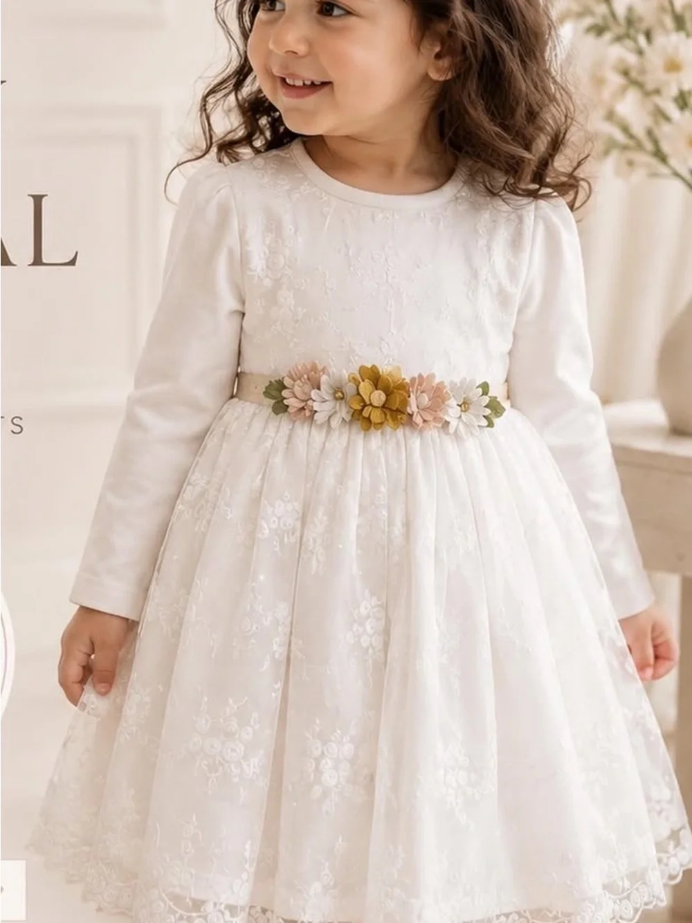 Girls White Floral Lace Party Dress with Flower Belt